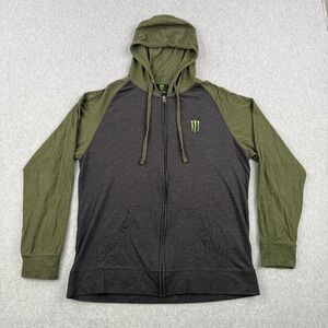 Monster Energy Hoodie Mens XL Gray Green Raglan Full Zip Lightweight Sweatshirt